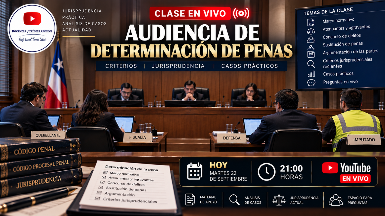 Clase en vivo: Audiencia de determinación de penas, Docencia Jurídica Online, 21:00 horas por YouTube
