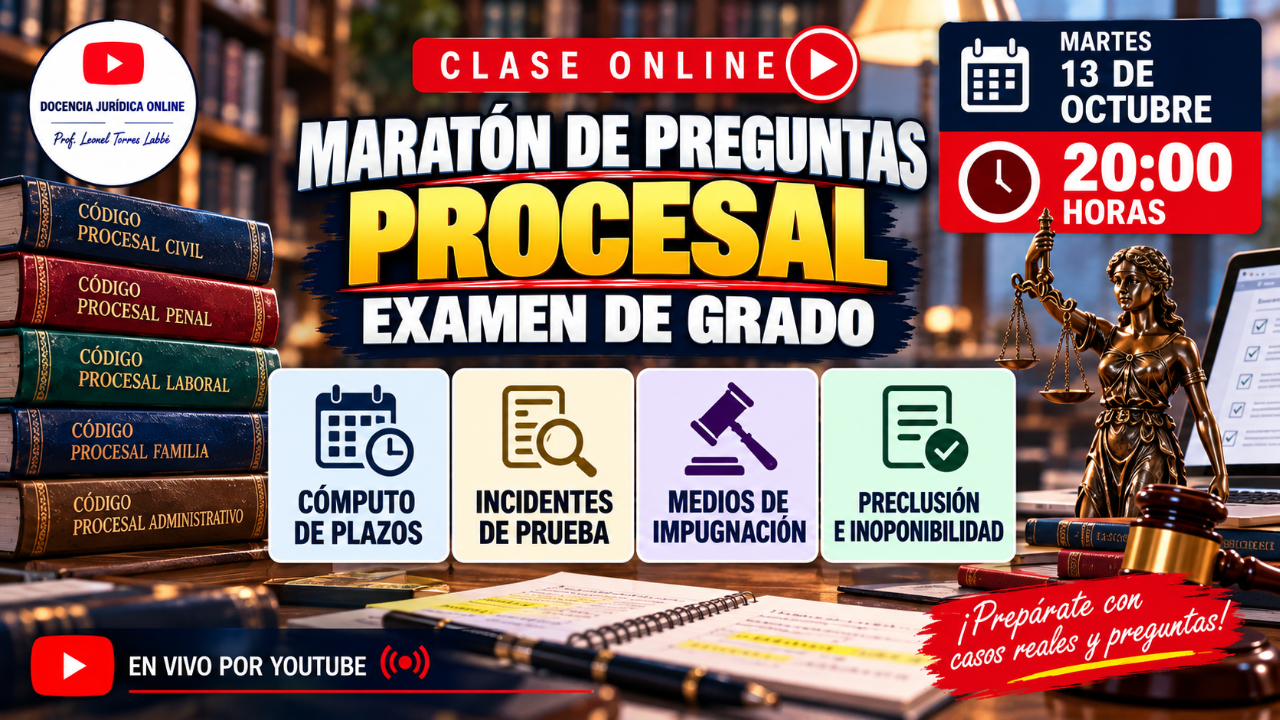 Clase online Maratón de preguntas de Derecho Procesal para el examen de grado, martes 13 de octubre a las 20:00 horas, en vivo por YouTube