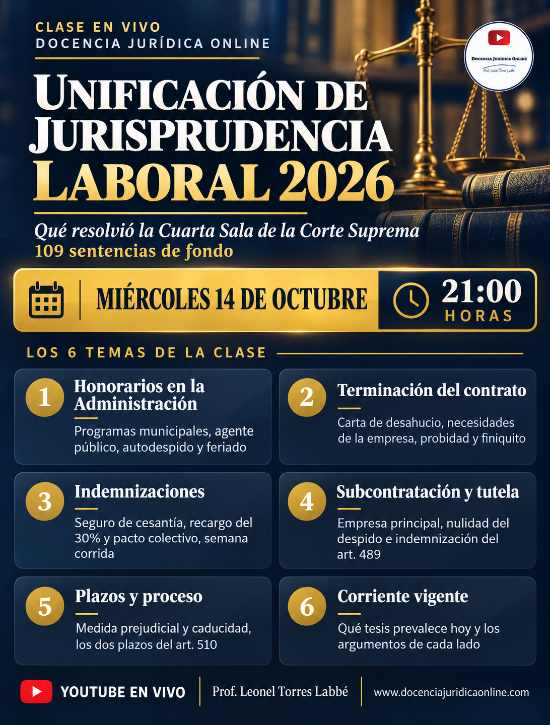 Clase en vivo Unificación de jurisprudencia laboral 2026: las 109 sentencias de fondo de la Cuarta Sala de la Corte Suprema en seis temas, miércoles 14 de octubre a las 21:00 horas