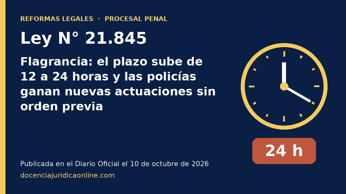 Ley 21.845: flagrancia, el plazo sube de 12 a 24 horas y las policías ganan nuevas actuaciones sin orden previa