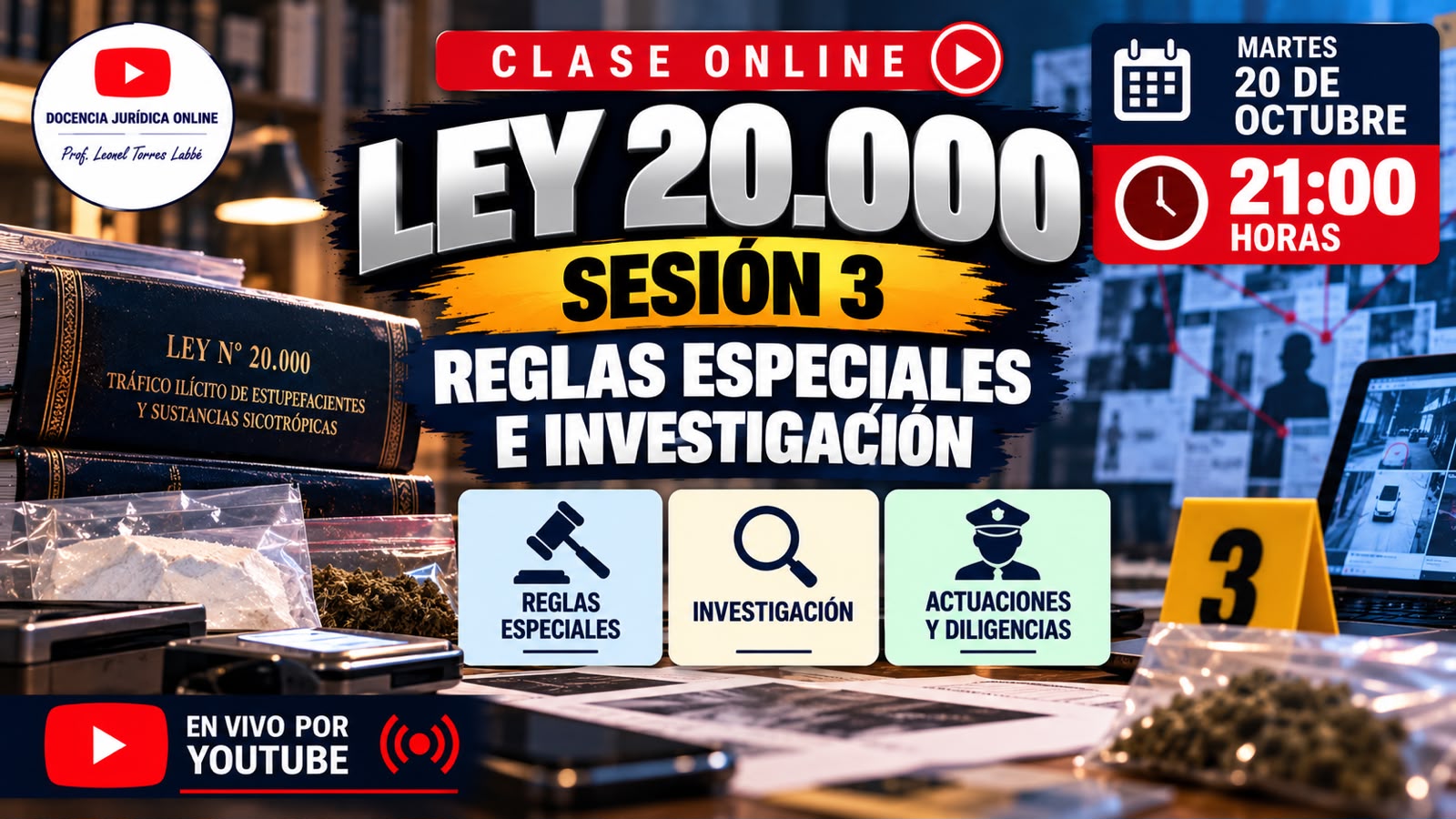 Clase online: Ley 20.000, sesión 3, reglas especiales e investigación, martes 20 de octubre a las 21:00